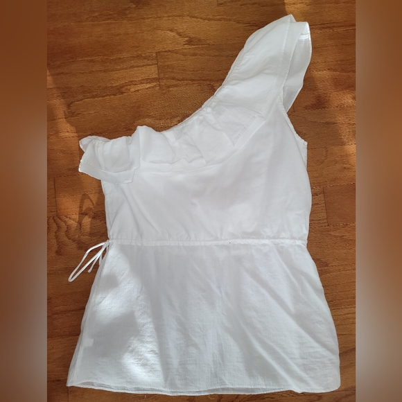 Banana Republic White One Shoulder Ruffle Top, Drawstring Waist, Size XS - Picture 2 of 8